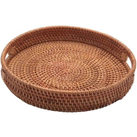

Rattan Hand Woven Round High Wall Severing Tray Food Storage Plate with Handles for Breakfast Drinks for (S-30Cm)