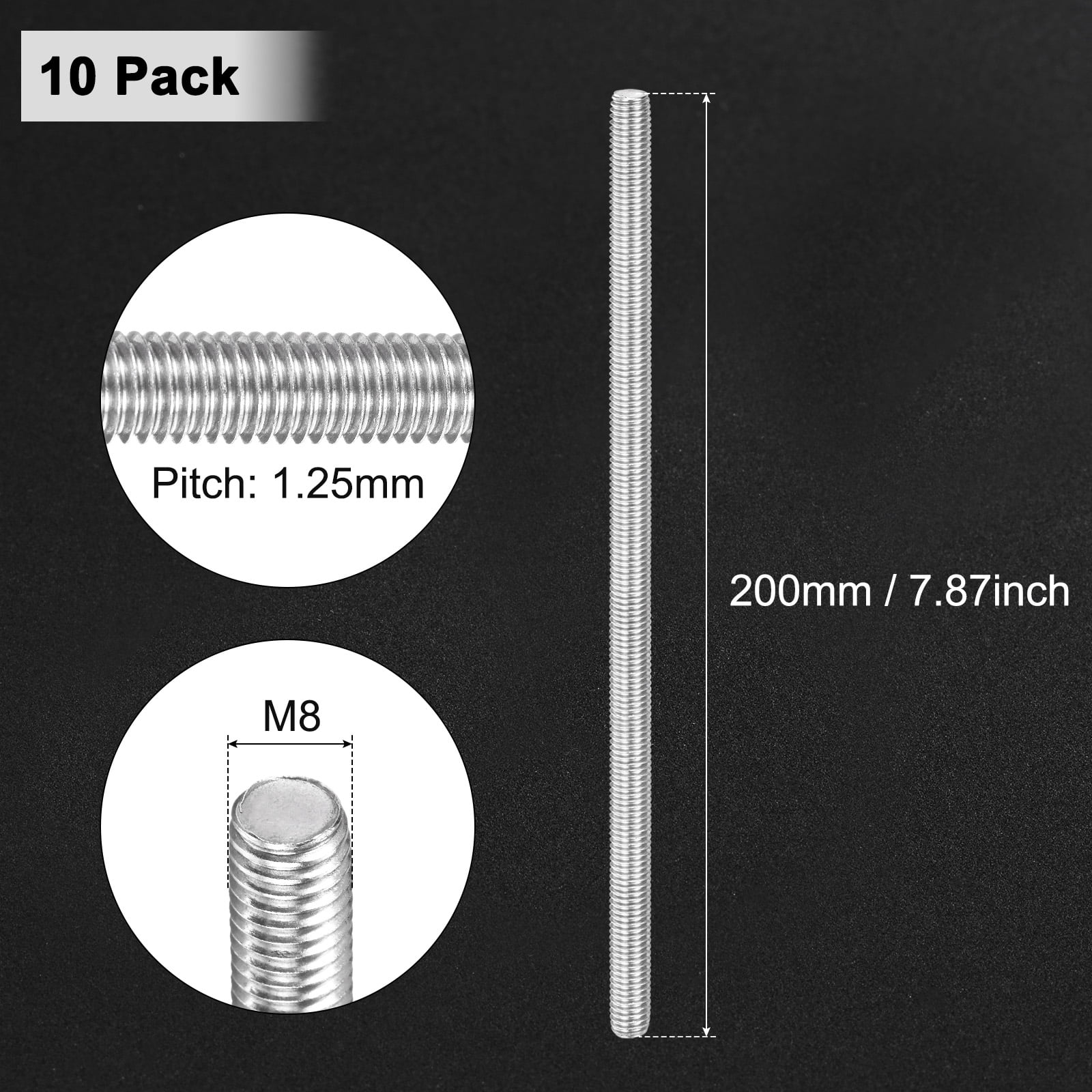 Uxcell 10-Pack Fully Threaded Rod, M8x200mm 304 Stainless Steel Right Hand Thread Bar Studs