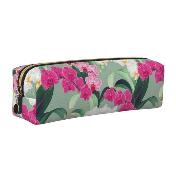 Fotbe Orchids Flowers Estuche para Lápices de Cuero con Estampado, Estuche con Cremallera Resistente, Organizador Compacto y Elegante para Papelería