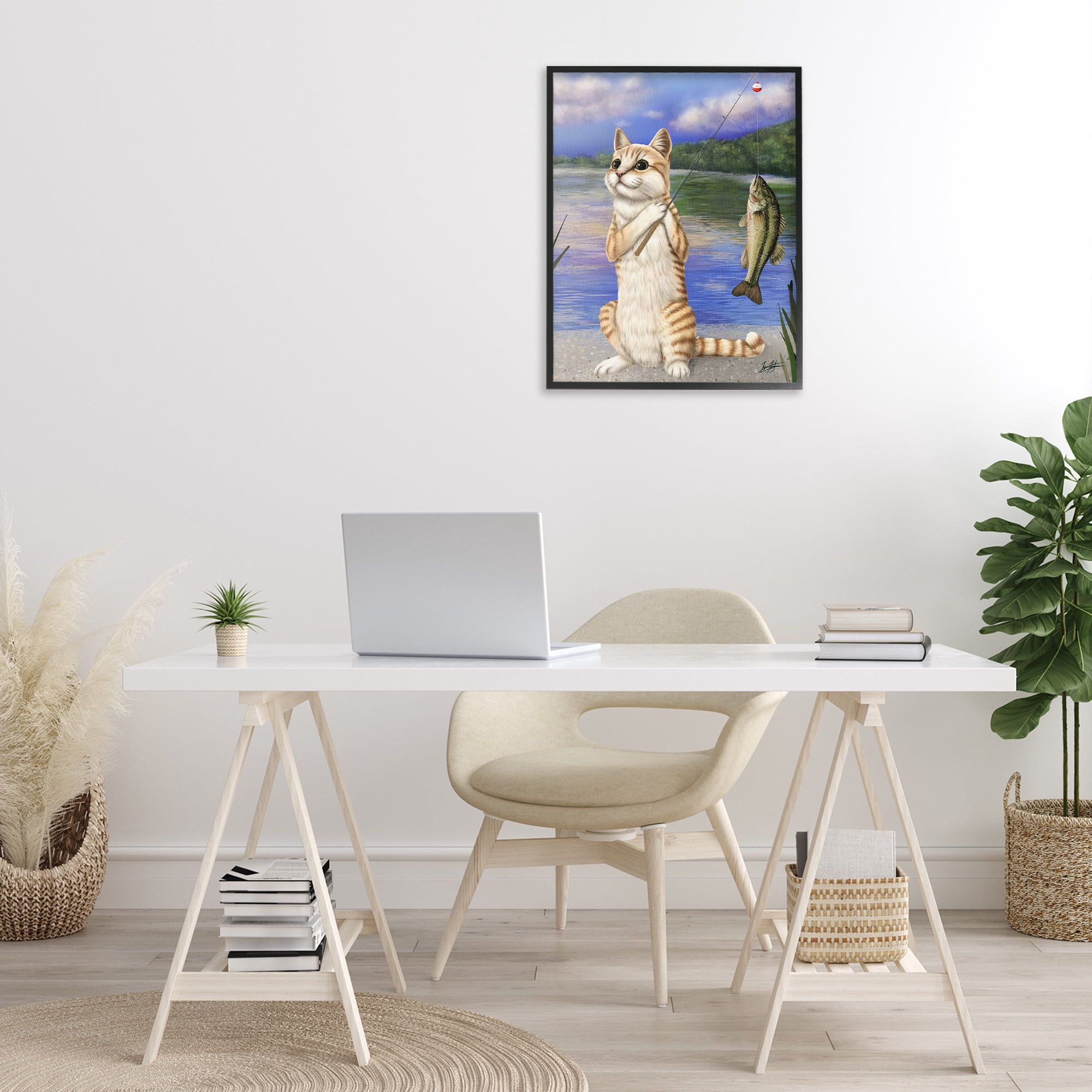 Stupell Industries Fishing Cat by Lake Animals & Insects Painting Black Framed Art Print Wall Art, 24 x 30