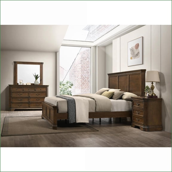 Bedroom Set, Traditional Queen Size with Bed, Dresser, Mirror, Nightstand | Walnut Brown | Solid Wood