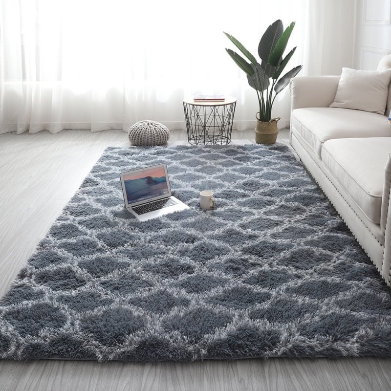 Grey Silver Geometric Shaggy Rug Cream Non Shed Warm Cosy Soft Bedroom Rugs 