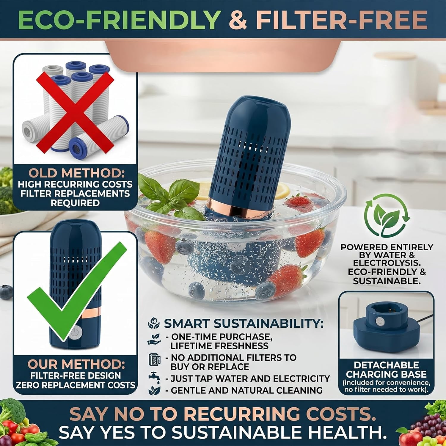Purepod Produce Cleaner - Portable Fruit and Vegetable Washing Machine, OH-ion Food Purifier for Deep Cleaning Surface Residues, IPX7 Waterproof Cordless Device for Berries & Meat