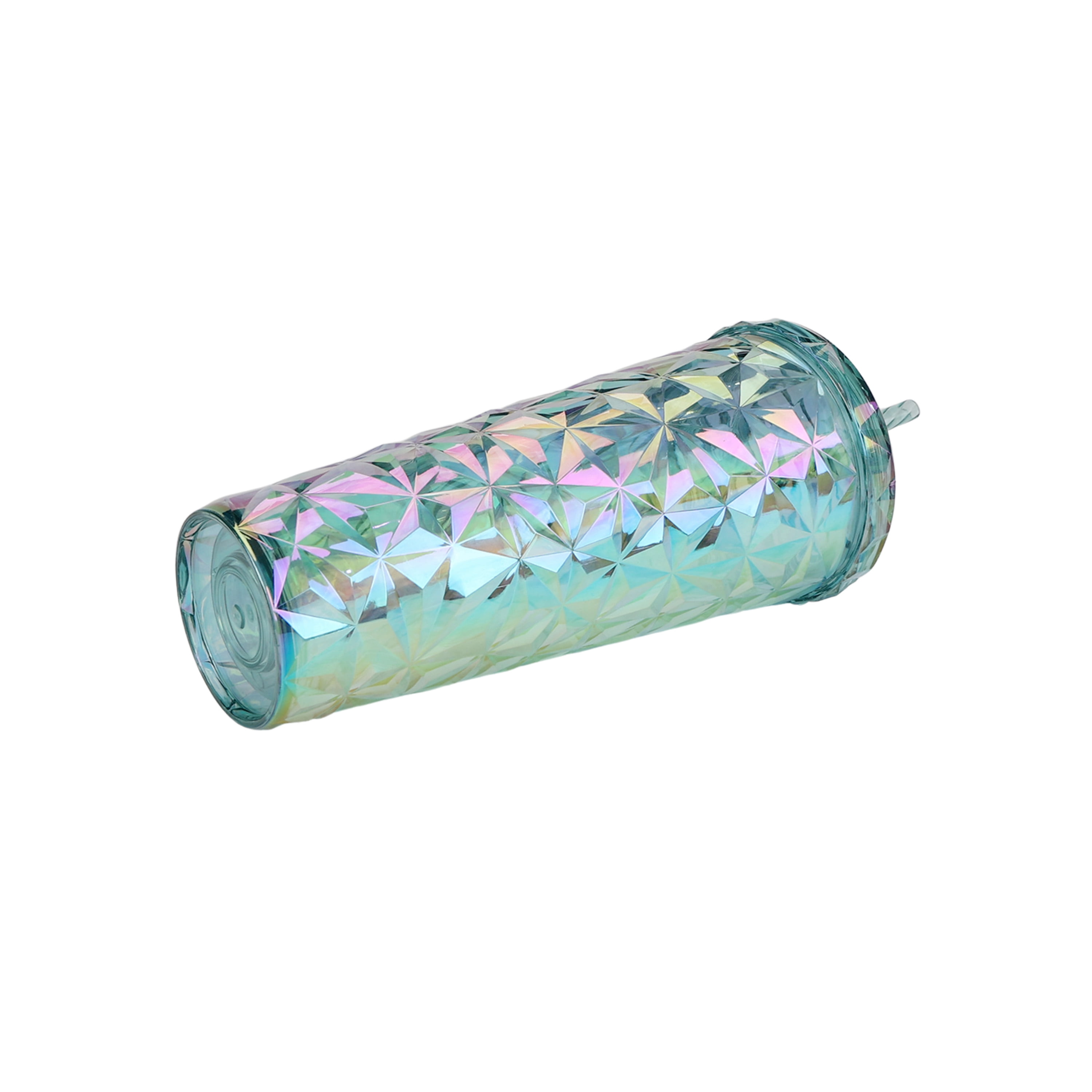 Holiday Time 26 oz Plastic Double Wall Insulated Prismatic Textured Tumbler with Straw, Blue Iridescent