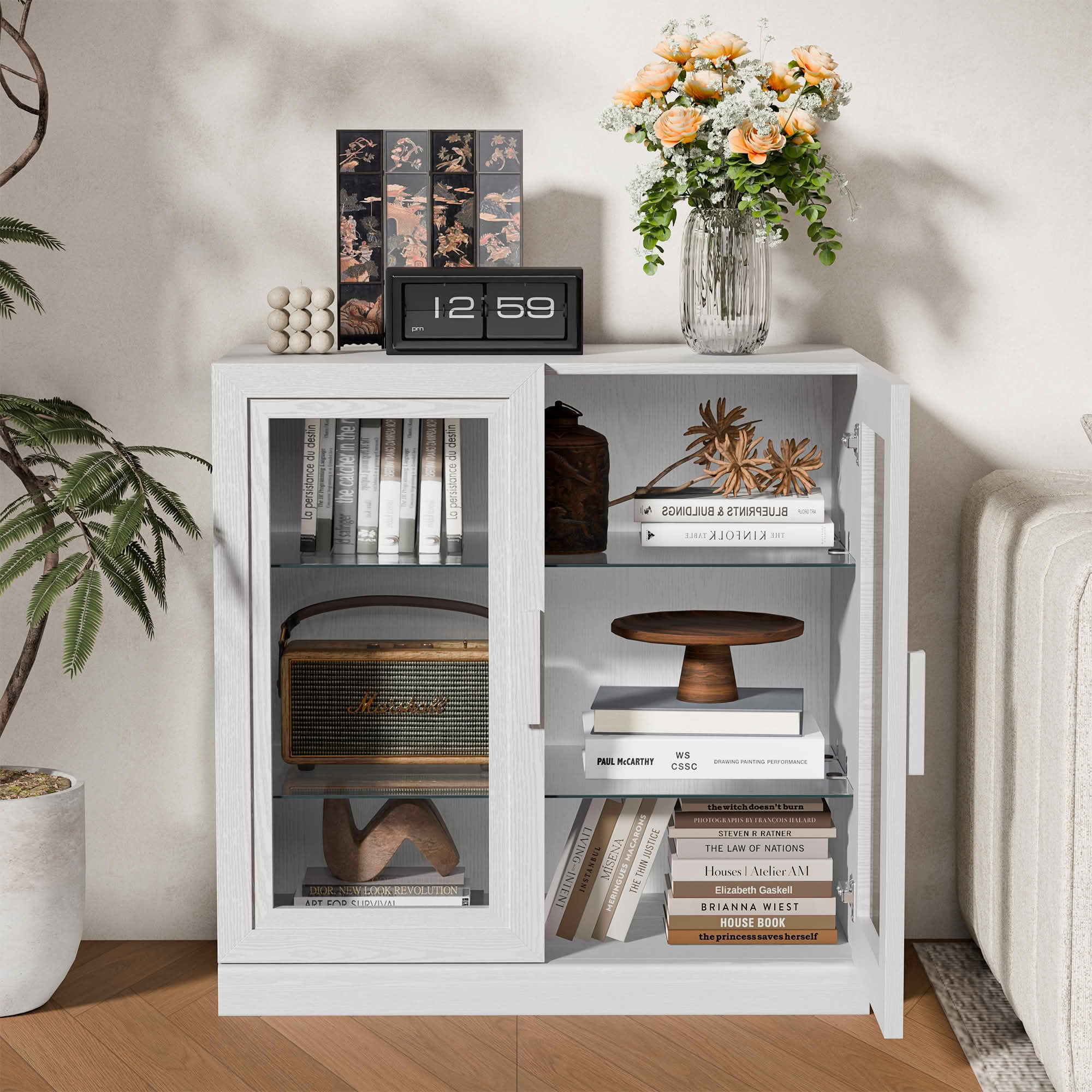 MAYEERTY 31x31x16 Inch White Wood Grain Storage Cabinet with Glass Door for Living Room