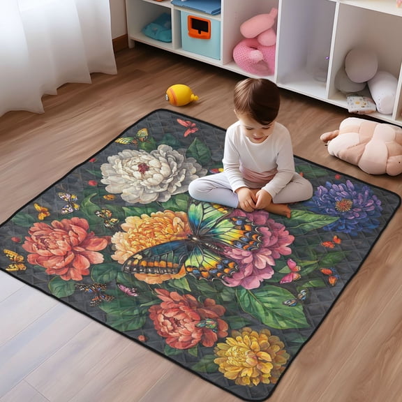 WOBOGO Peony Butterfly Paintings Baby Playmats Extra Large Waterproof Rollable Activity Pads for Toddlers 50×50inch