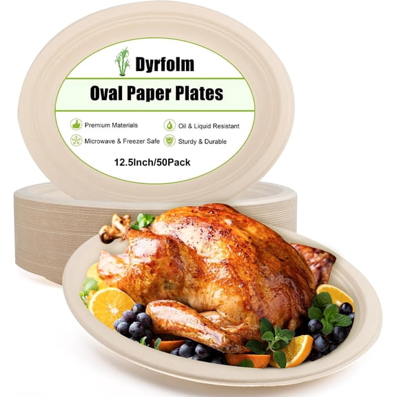 12.5 Inch Oval Paper Plates,50 Pack Disposable Paper Plates,Heavy Duty Disposable Oval Paper Dinner Plates,Large Oval Paper Plates for Party,Picnic,Compostable Biodegradable,Thicken (Brown)
