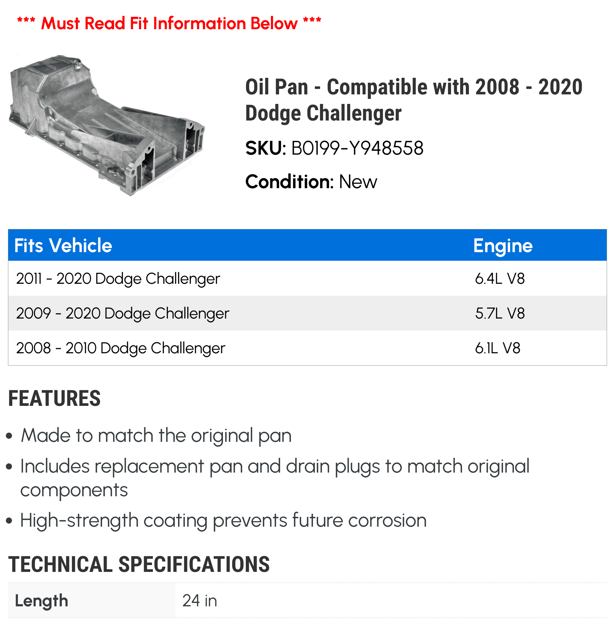 Oil Pan - Compatible with 2008 - 2020 Dodge Challenger - Dorman