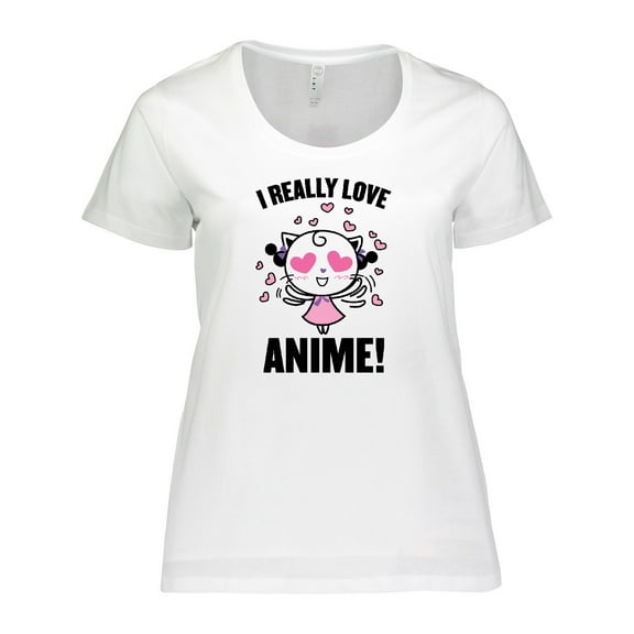 Inktastic I Really Love Anime with Cute Anime Cat and Hearts Women's Plus Size T-Shirt