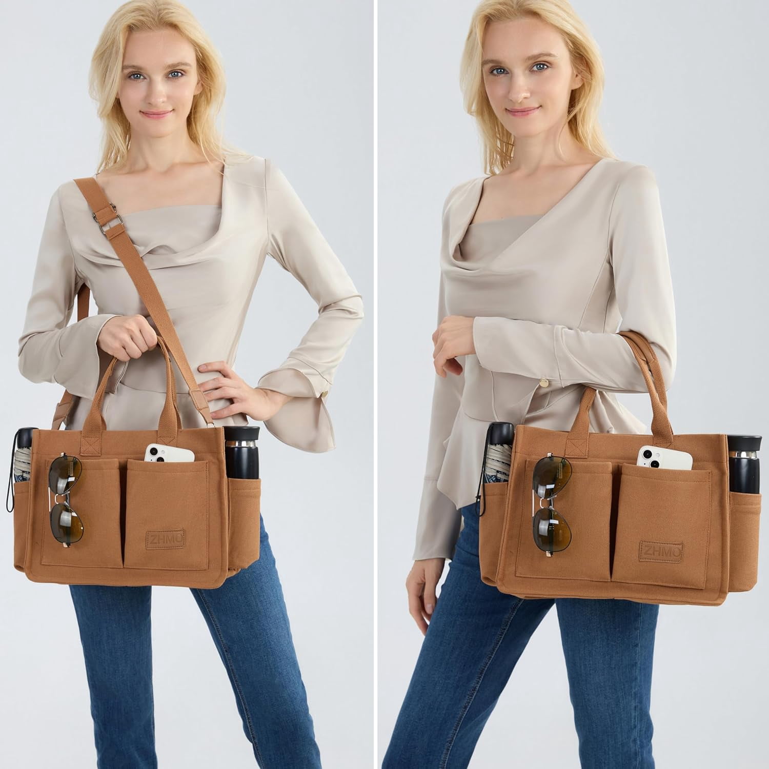 Large Canvas Tote Bag for Women With Pockets,Laptop Crossbody Purses Everything Everyday Bag Handbags for Work Beach Gym