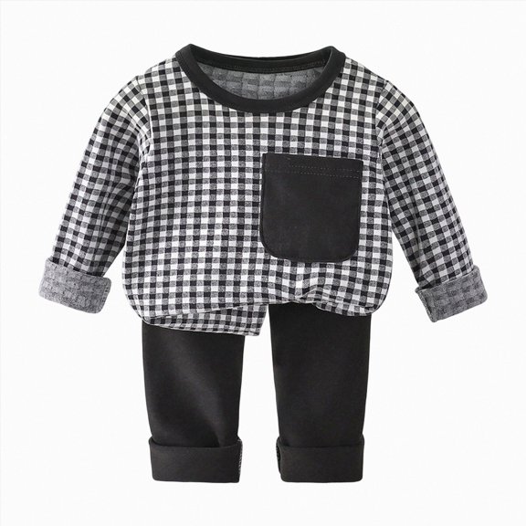 Toddler Kids Boys Girls Fall Winter Outfits Set 6 9 12 18 Months 2T 3T 4T 5T Plaid Knit 2 Piece Outfit, Long Sleeve Top Jogger Pants Casual Playwear Daily Set Toddler Boys Winter Clothes,Black