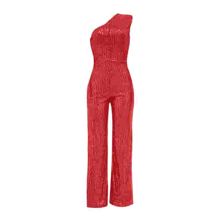 One Shoulder Red Sequin Jumpsuits Ashley Lauren 11384 Fully Beaded