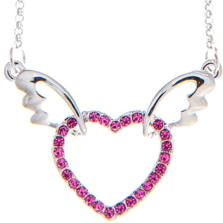 Rhodium Plated Necklace with Winged Heart Design with a 16 Extendable Chain and High Quality Rose Crystals by Matashi