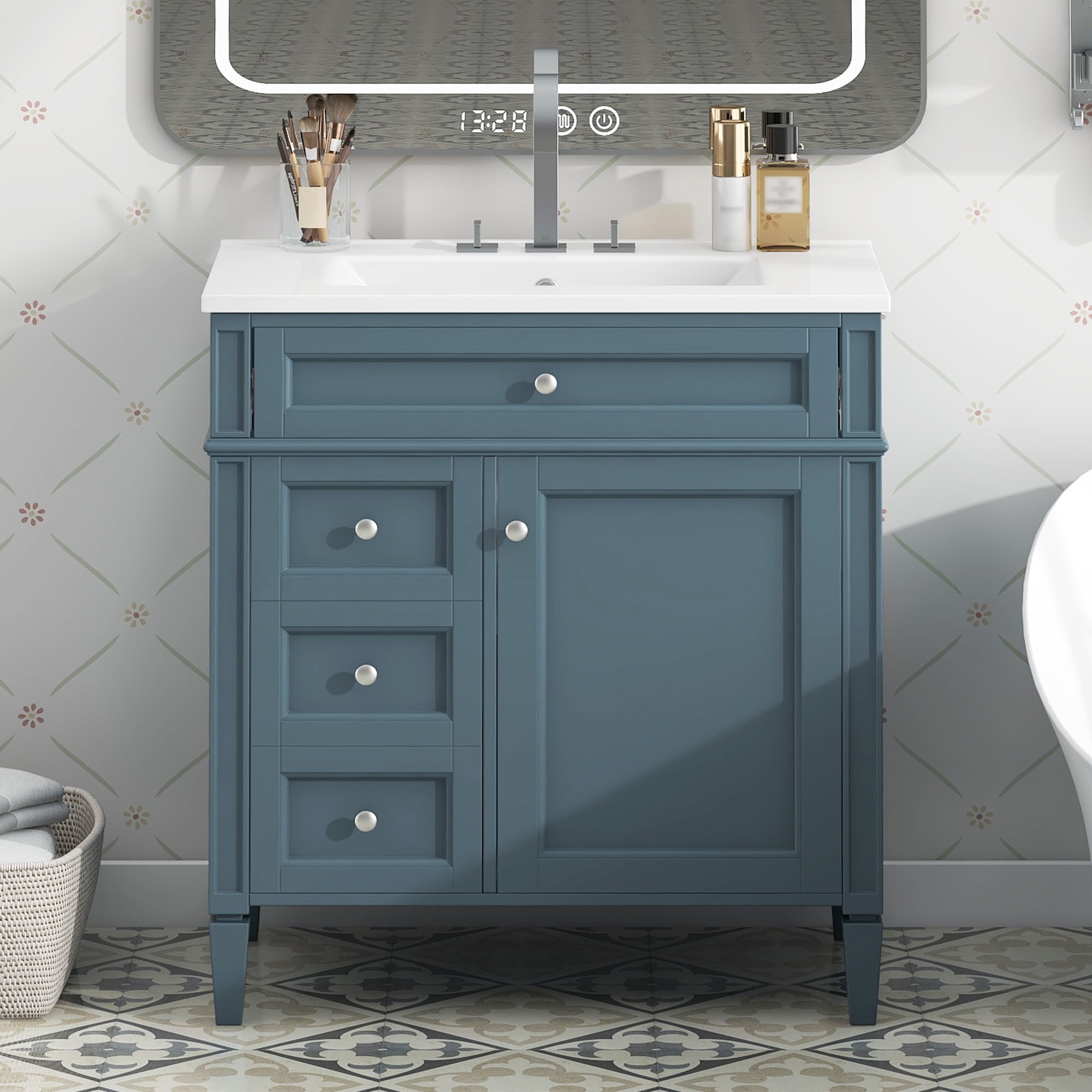 30'' Bathroom Vanity with Top Sink, Modern Bathroom Storage Cabinet with 2 Drawers and a Tip-out Drawer, Single Sink Bathroom Vanity