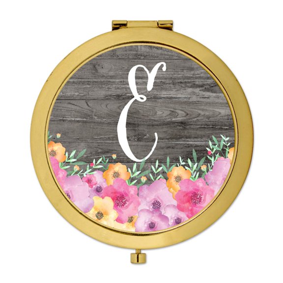 Koyal Wholesale Gold Compact Mirror Bridesmaid's Wedding Gift, Pink Floral Flowers on Rustic Gray Wood, Monogram E, 1-Pk
