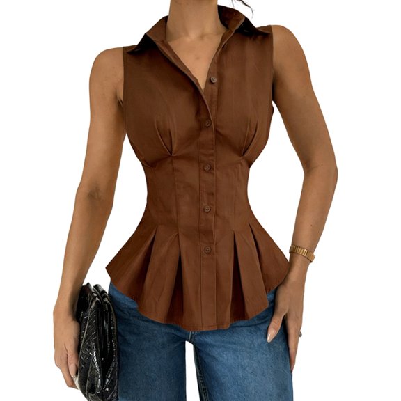 Button Down Shirts for Women Cinched Waist Dress Shirt Sleeveless Blouse Business Fitted Blouse Dark Brown M