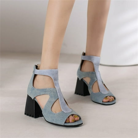 

Cathalem Sandal for Women 11 Ladies Fashion Flock Leather Stitching Hollowed Fishmouth Thick High Heeled Women Leather Sandals Blue 7