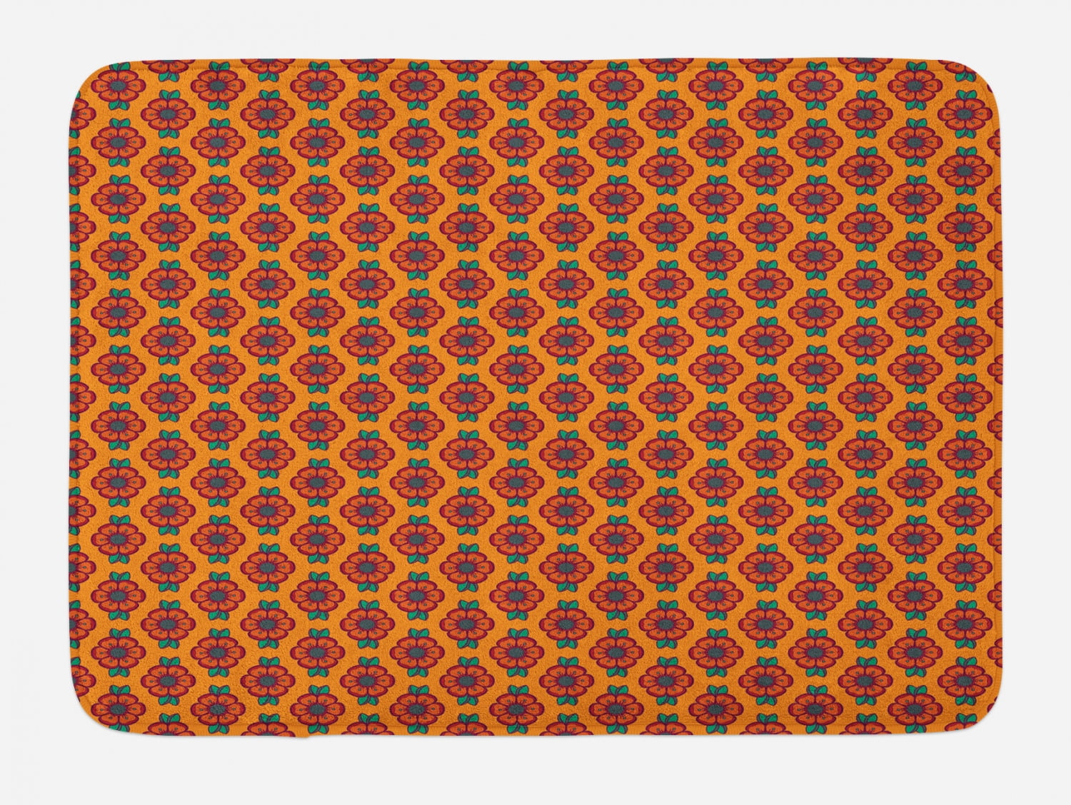 Burnt Orange Bath Mat, Abstract Flourishing Nature Pattern with Blooming Petals and Foliage