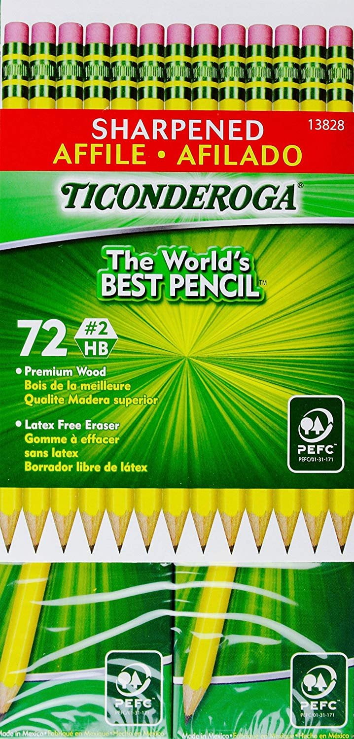 Ticonderoga Sharpened Pencils 2 HB Premium Wood LatexFree Eraser, (72 Pencils)