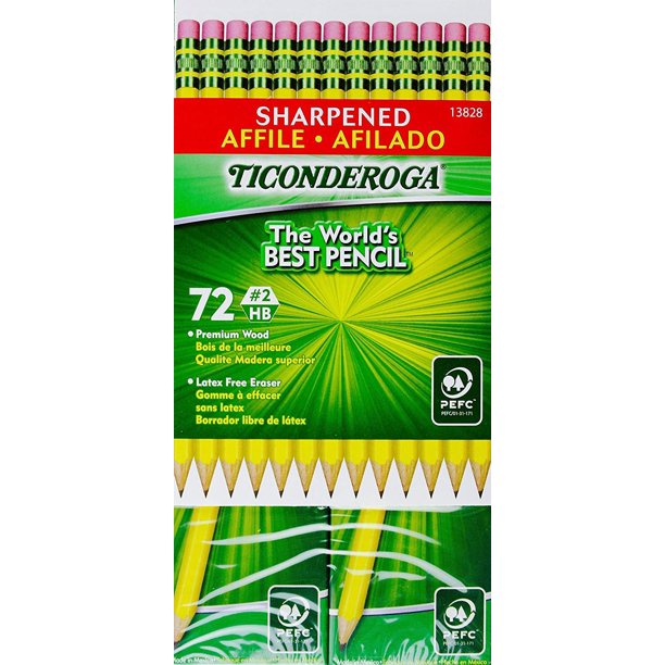 Ticonderoga Sharpened Pencils 2 HB Premium Wood LatexFree Eraser, (72 Pencils)
