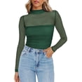 thumbnail image 1 of Top Zeagoo para mujer, malla transparente, fruncido, cuello de tortuga, color verde, 1 of 5