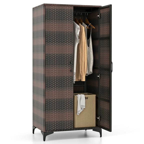 Gymax 62'' Wicker Wardrobe w/ 2 Doors Hanging Rod & 4 Storage Cubes for Home Patio Mix Brown