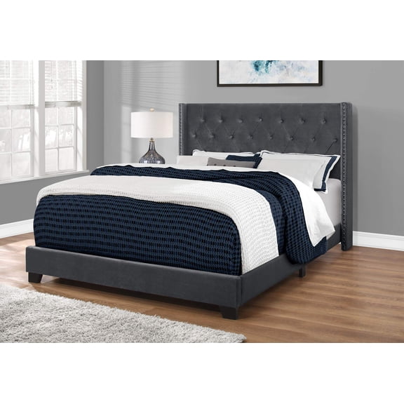 Bed Queen Size Platform Bedroom Frame Upholstered Velvet Grey Chrome