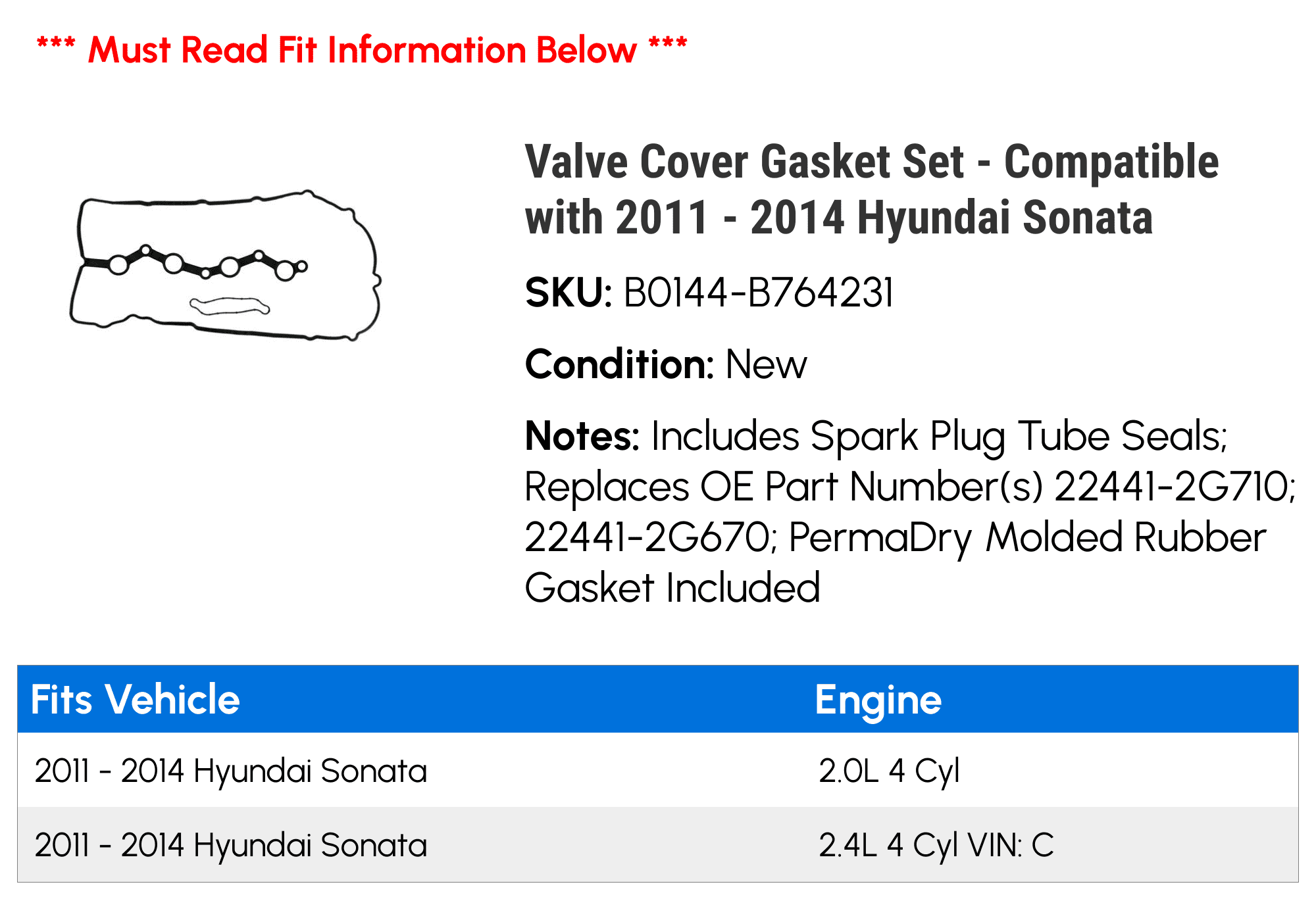 Valve Cover Gasket Set - Compatible with 2011 - 2014 Hyundai Sonata 2012 2013