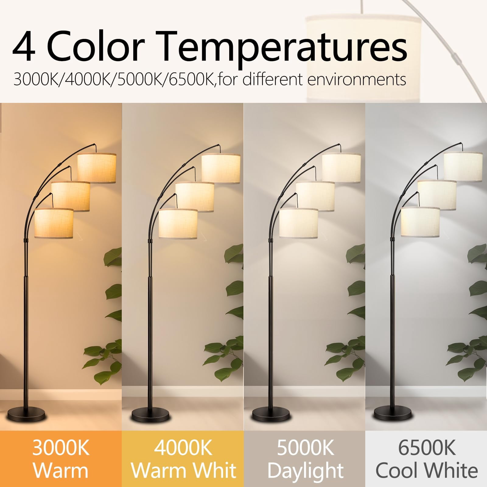Lambaolom 74" 3-Light Modern Remote Control Black Arc Floor Lamp with Beige Drum Shade