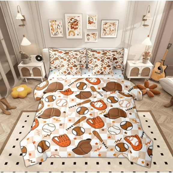Manfei Cartoon Baseball Kids Twin Bedding Sets 7-Piece, Kawaii Stars Print Bedding Comforter Set, Buffalo Plaid Reversible Sheet Sets, Microfiber Bedroom Decor
