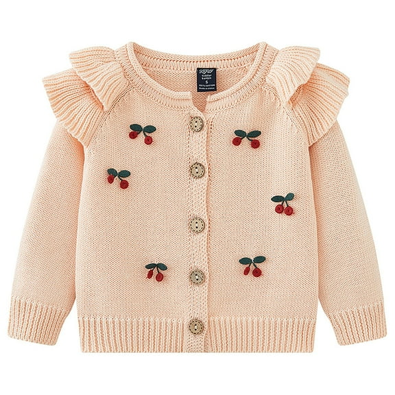 Otqutp Girl's Cherry Embroidery Knit Cardigan kids Baby Button Sweater Toddler Girls Long Sleeve Cardigan Sweater Embroidered Knit Sweater 1-6 Years(Pink,1-2 Years)
