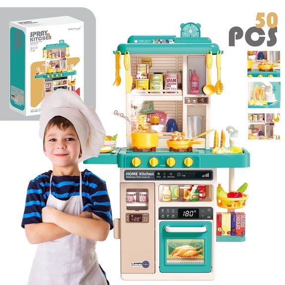 Koppop Kids Kitchen Playset 50pcs - with Sound, Light & Steam Effects, Pretend Play Toys Includes Food, Sink & Stove, Ideal for Boys & Girls Ages 3-6 (Green).