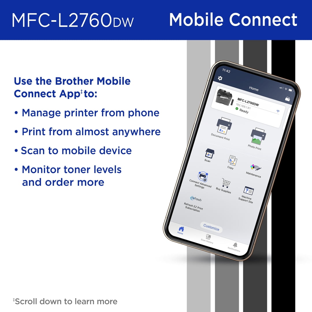 Brother Restored MFC-L2760DW Wireless Compact Monochrome All-in-One Laser Printer with Copy, Scan & Fax