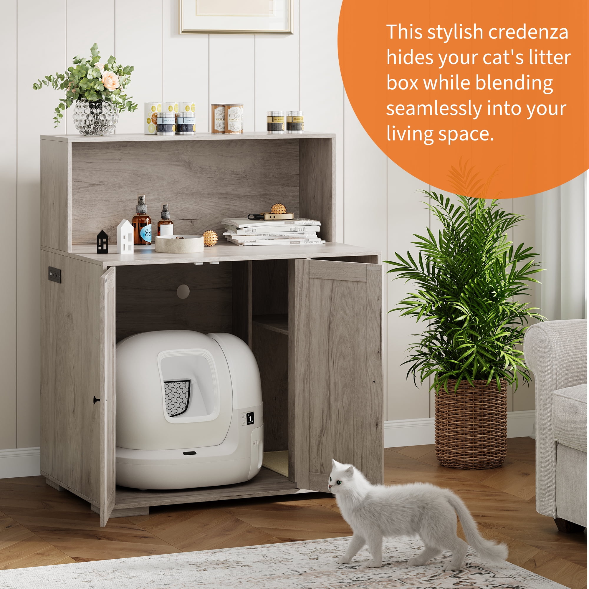 Ataucjin Large Cat Litter Box Enclosure with Scratch Pad, Large Automatic Litter Box Furniture for Placing Self-Cleaning Litter Box,Litter Cabinet with Outlet,Space for Cat Stuffs