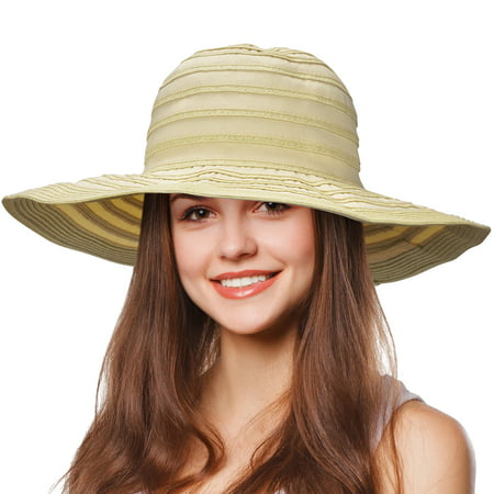 Tirrinia Women Floppy Straw Sun Hat Wide Brim Striped Beach Cap Foldable