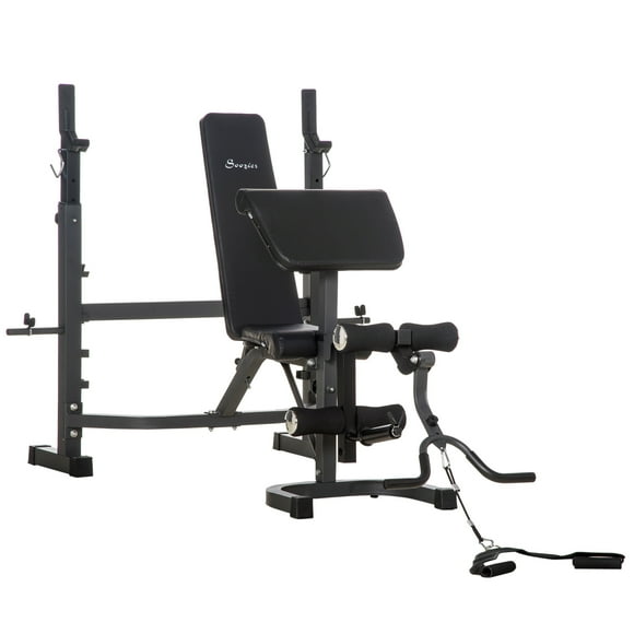 Soozier Support de Banc de Poids avec Support de Squat, Banc Olympique Réglable, Coussin de Bras Multifonctionnel, Extension de Jambe, Support de Barre, Entraînement de Force, Équipement d'Entraînement pour Maison, Bureau, Gym, Gris