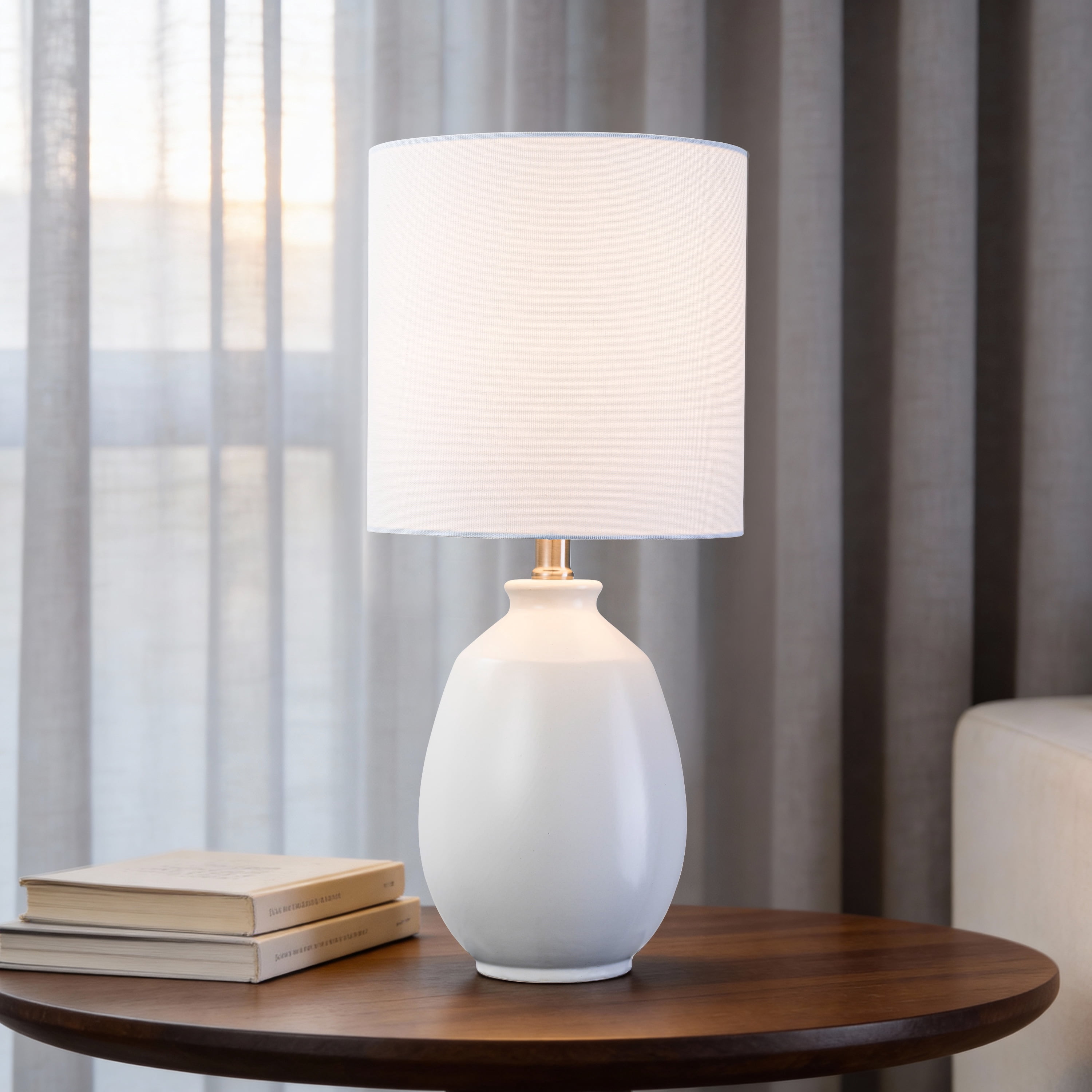 C Cattleya 19in. White Glossy Ceramic Table Lamp with White Linen Shade and Brushed Nickel Lamp Neck