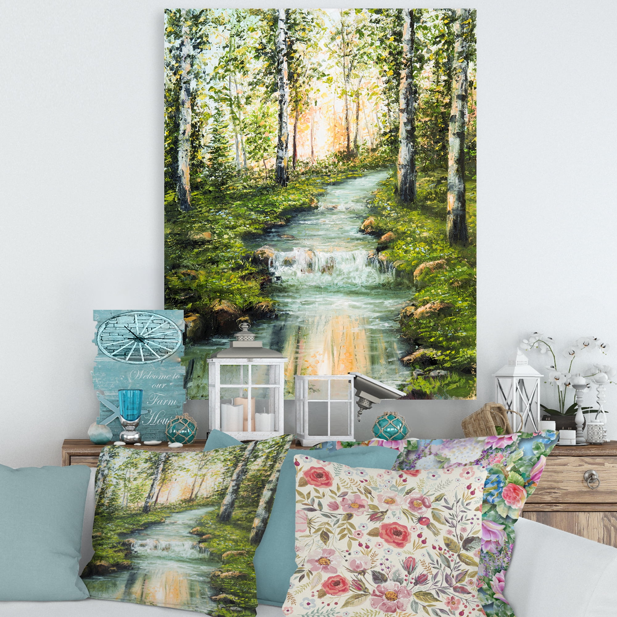 Designart ' River Through Green Birch Forest ' Lake House Canvas Wall Art Print