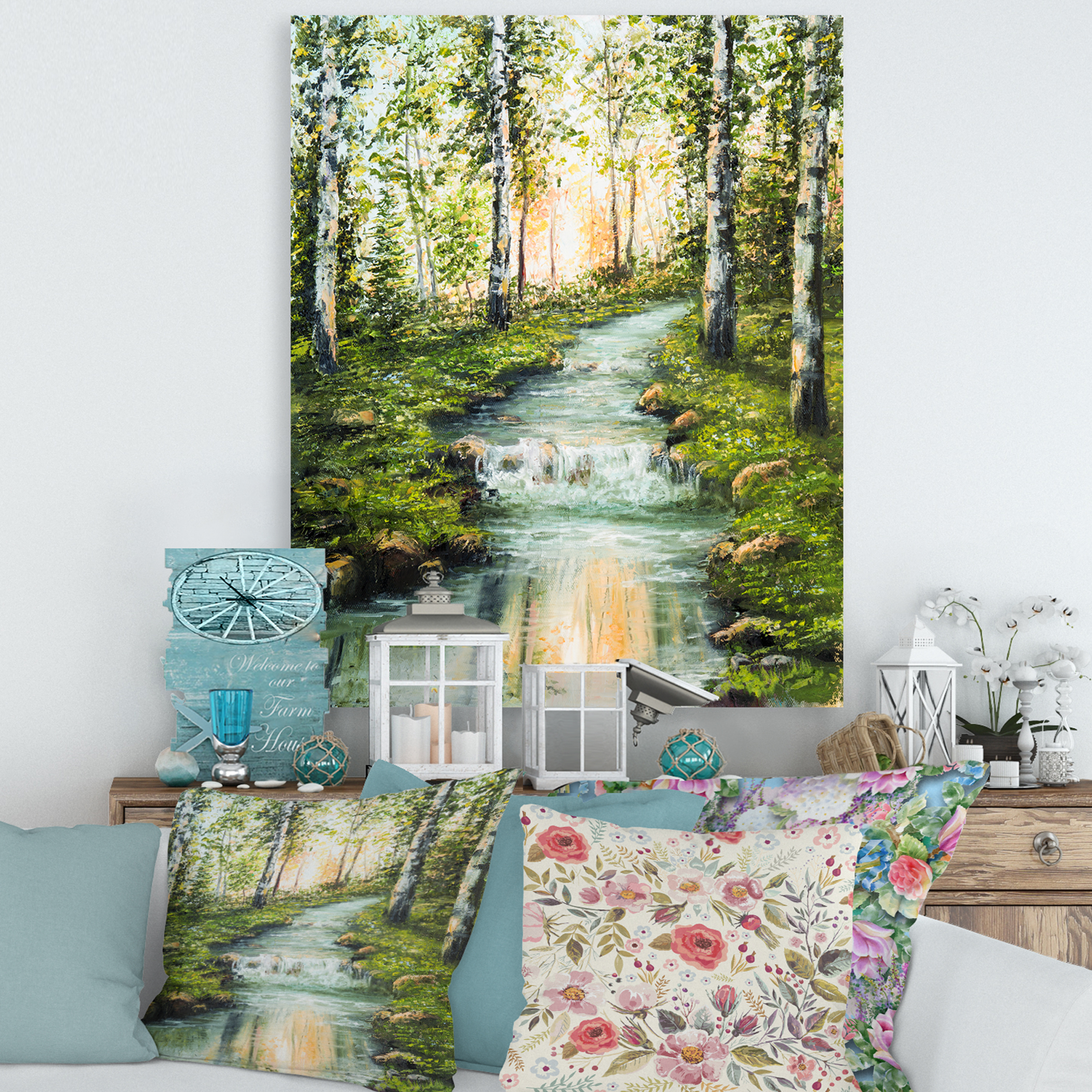Designart River Through Green Birch Forest Lake House Canvas Wall Art  Print