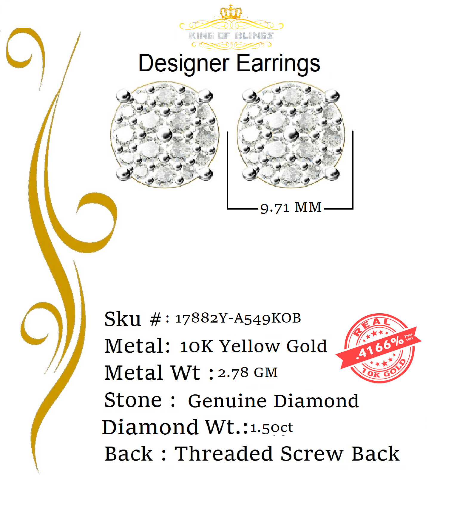 King of Bling's 10K Real Yellow Gold Real Diamond 1.50CT Men's/Women's Stud Round Earring