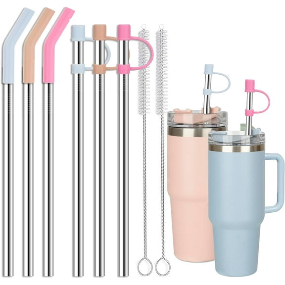 Stainless Steel Straws with covers fit Stanley 40 oz tumbler, Reusable 12 Inch Metal Straw with Silicone Tips & Cover Caps, Compatible with Stanley Quencher H2.0 (6 Pack: 3 Bent   3 Straight)