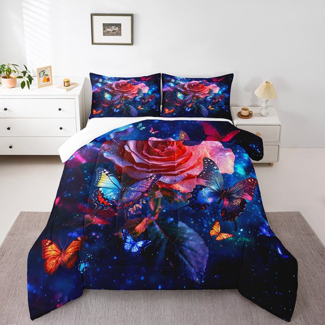 Glitter Flowers Girls Bedding Set Galaxy Starry Sky Flower Comforter Set,Waterclor Butterfly Pattern Quilt Set,Extoic Red Rose King Down Comforter