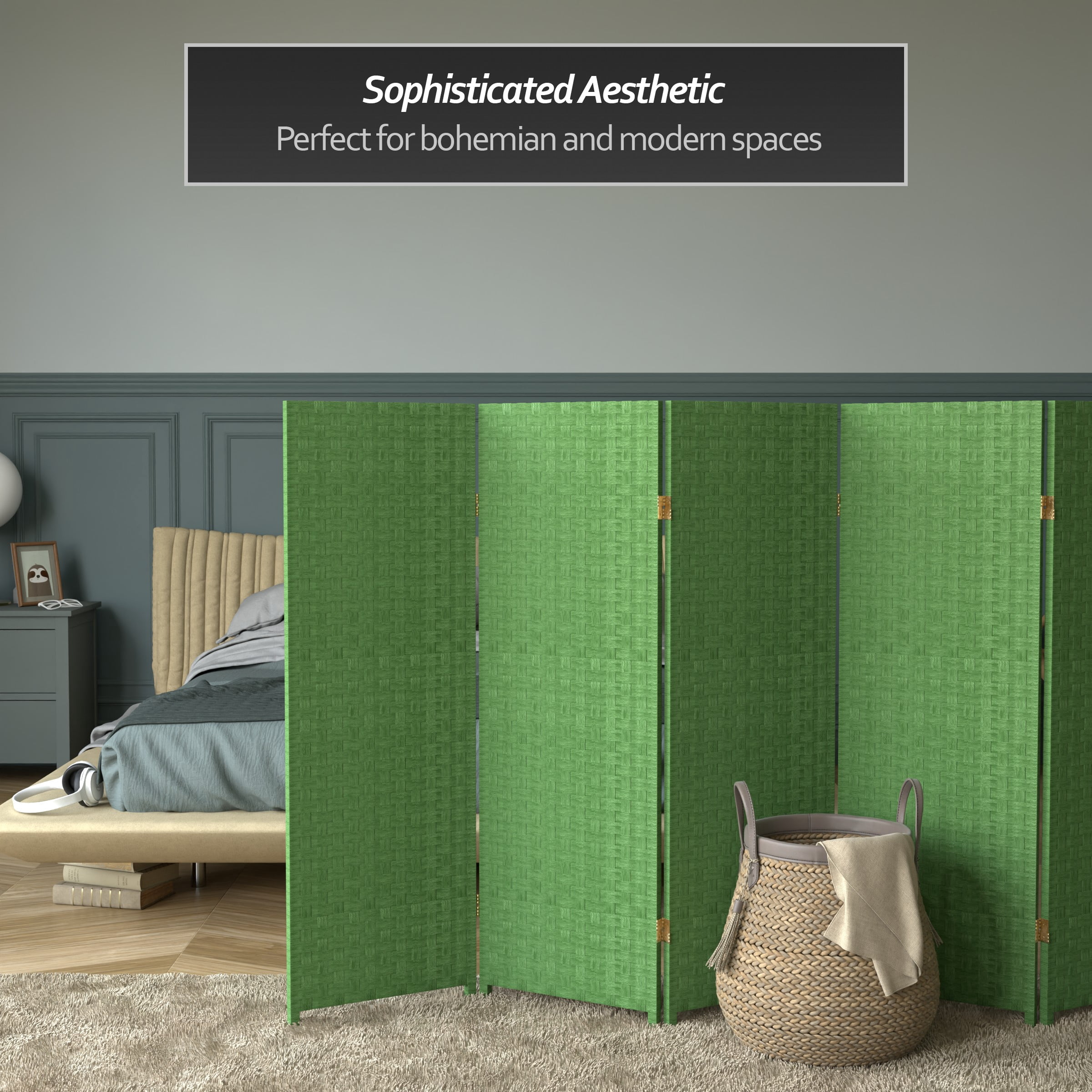 Red Lantern 4 ft. Short Woven Fiber Folding Screen - Light Green - 6 Panel
