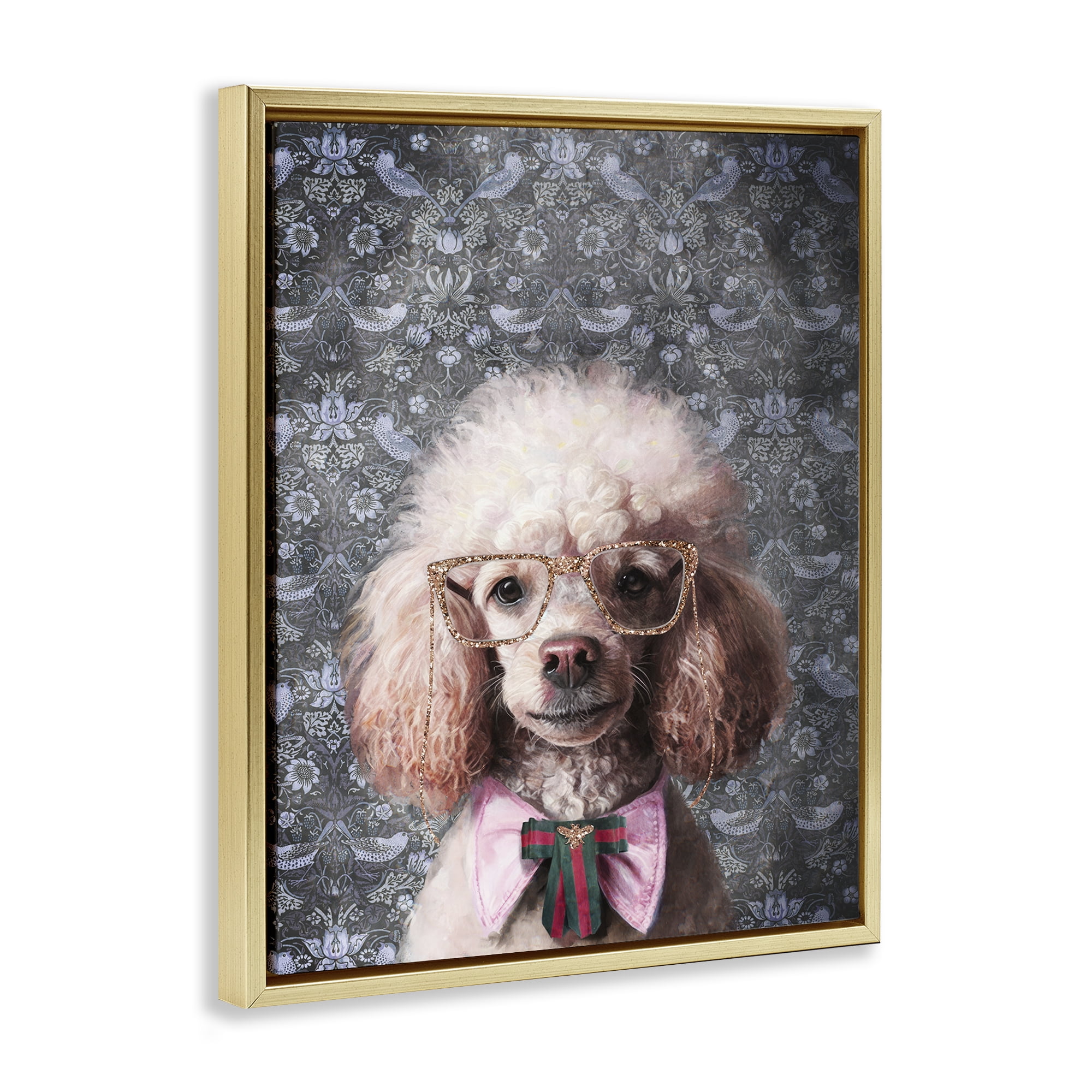 Stupell Industries Glam Poodle on Florals Novelty & Humor Painting Gold Floater Framed Canvas Art Print Wall Art, 17 x 21