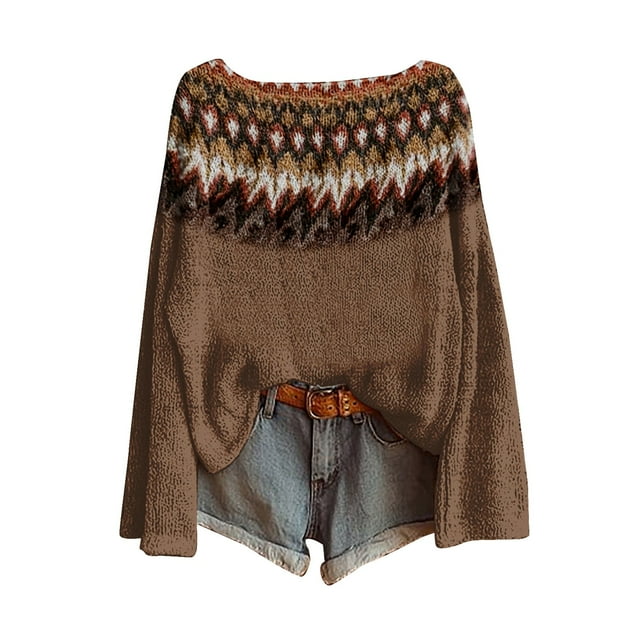 WTXUE Chandail Léger Vintage Fair Isle pour Femmes, Col Rond Décontracté, Manches Longues, Chandail Tricoté, Imprimé Artistique Vintage Fair Isle Rétro, Blouses Surdimensionnées Confortables, Tops Boho Doux, Café S