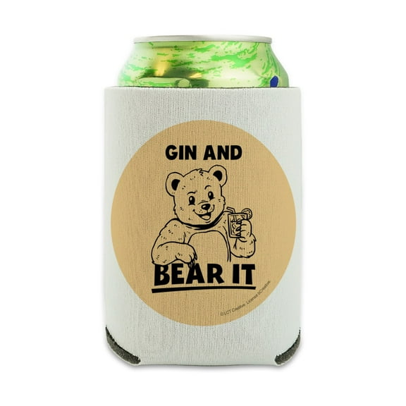 Gin Grin and Bear It Funny Humor Can Cooler - Drink Sleeve Hugger Collapsible Insulator - Beverage Insulated Holder