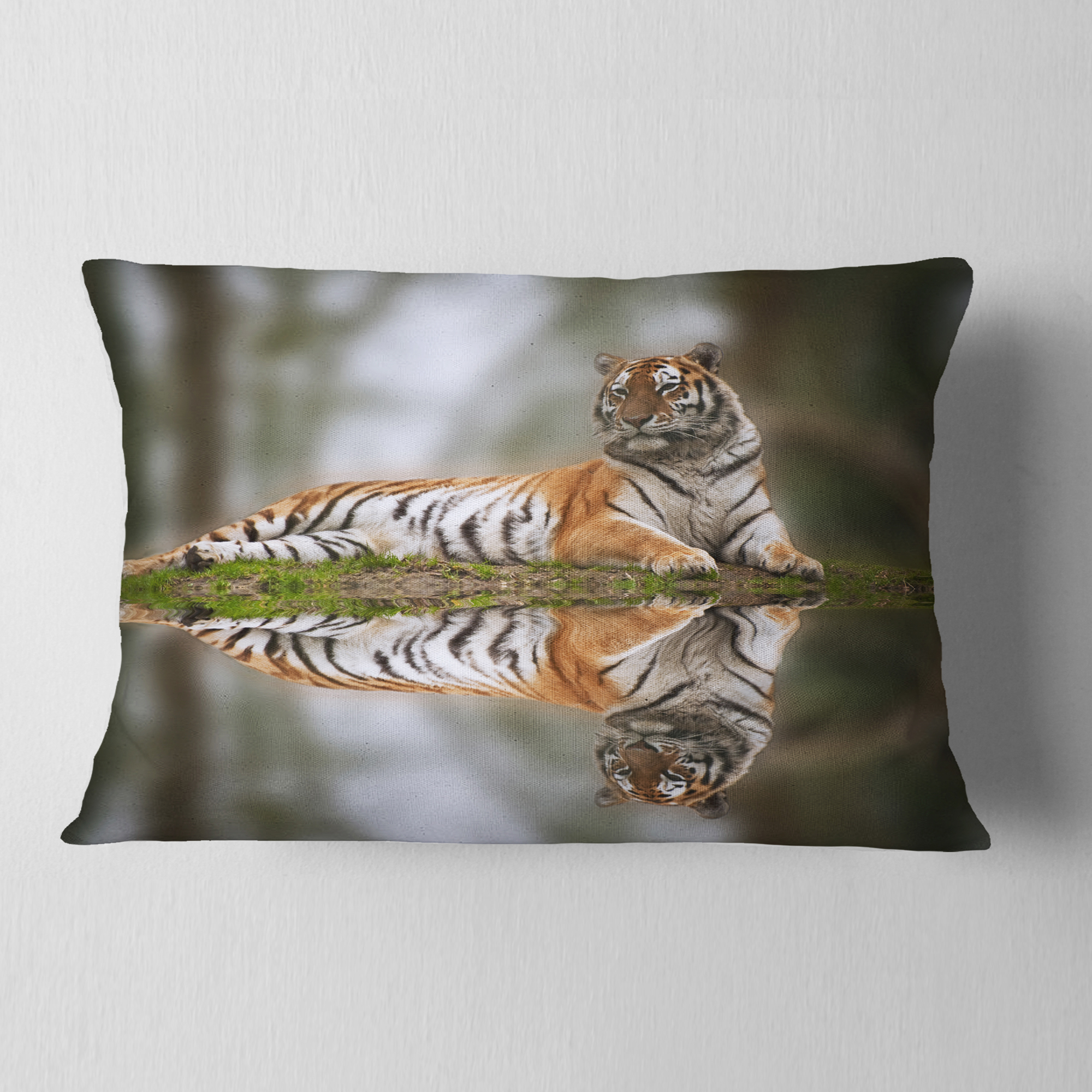 Designart Tiger Reflecting in Water - Animal Throw Pillow - 12x20