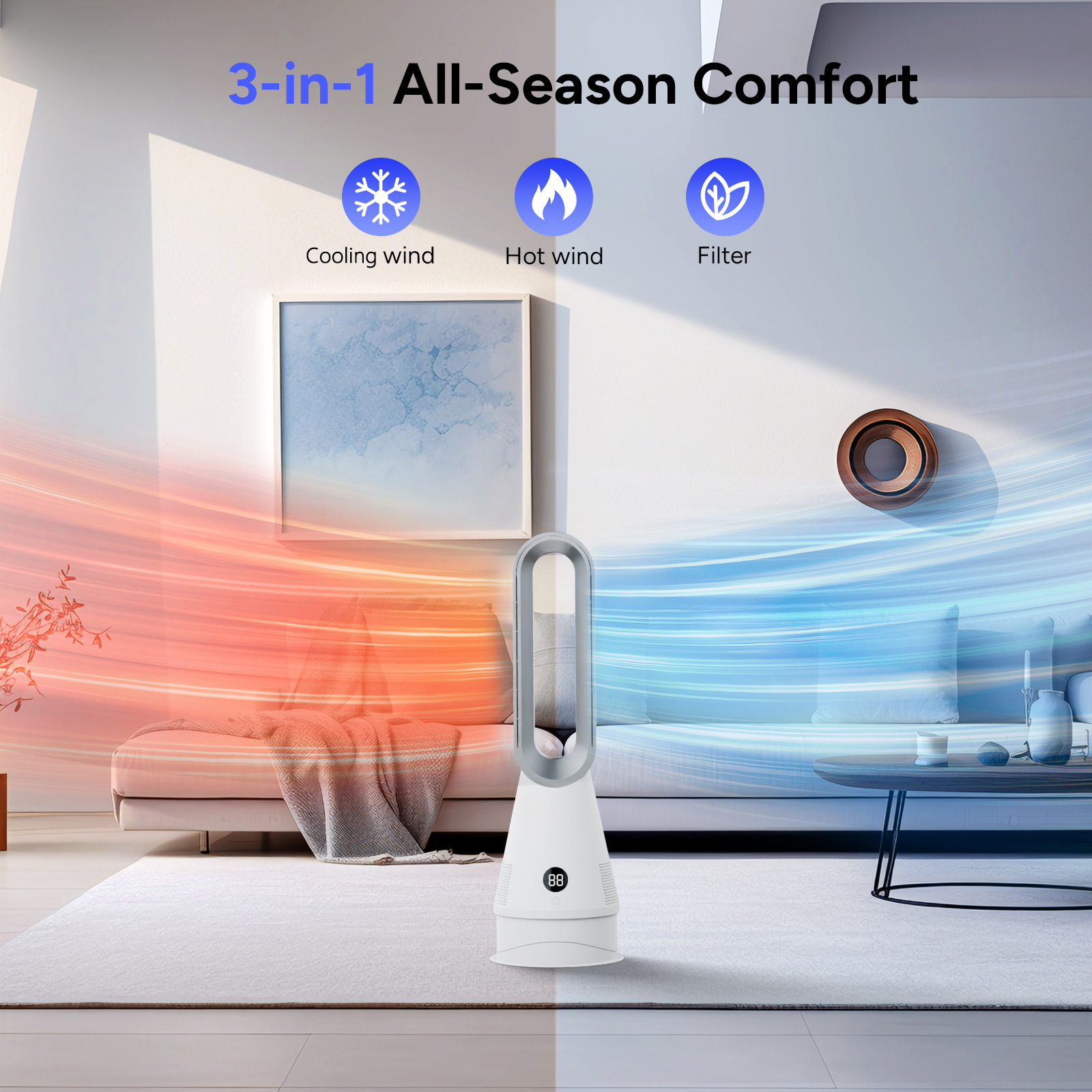 Faryuan 3-in-1 Bladeless Heater Tower Fan with Filter, 80° Oscillating 10-Speed Cooling Fan with Remote, 9H Timer & Fast Heating for Room