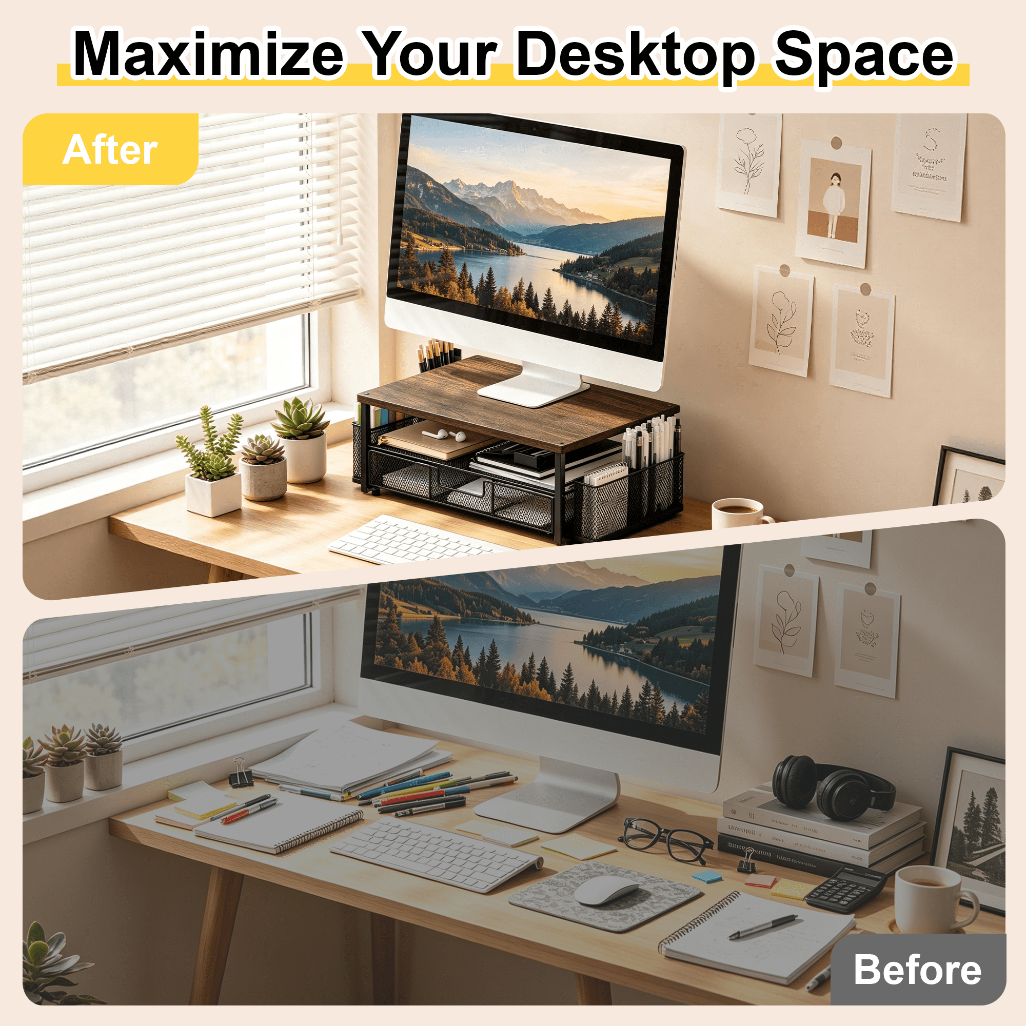 Monitor Stand Riser with Mesh Drawers & Pen Holders, 2 Tier Wood Metal Desktop Organizer, Computer Monitor Riser for Desk, Supports Laptop, Printer, Office Supplies Storage