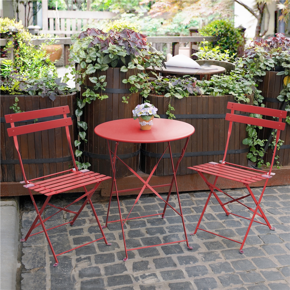 Yaheetech 3 Pieces Folding Patio Bistro Set Weather - Resistant Metal Outdoor Furniture Set including Table and Chairs for Garden Backyard, Red - image 3 of 11